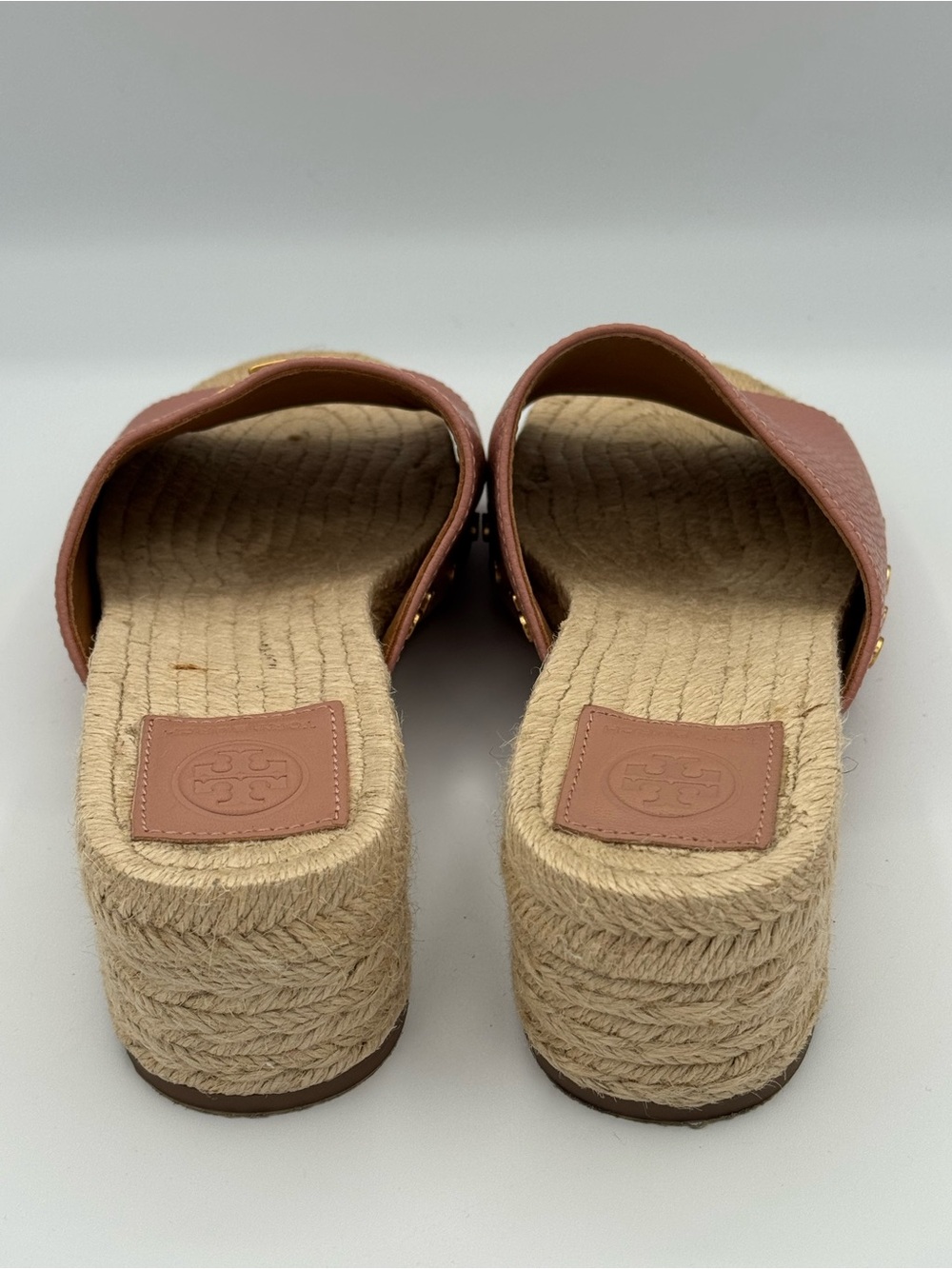 Tory Burch Britten Espadrille Leather Slide Sandals Mules Pink Moon Gold Logo - Picture 4 of 13